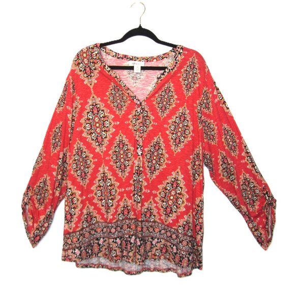 Style & Co Plus 3X Top Womens Colorful Boho Print Roll Tab Sleeve Popover Coral - Picture 1 of 6